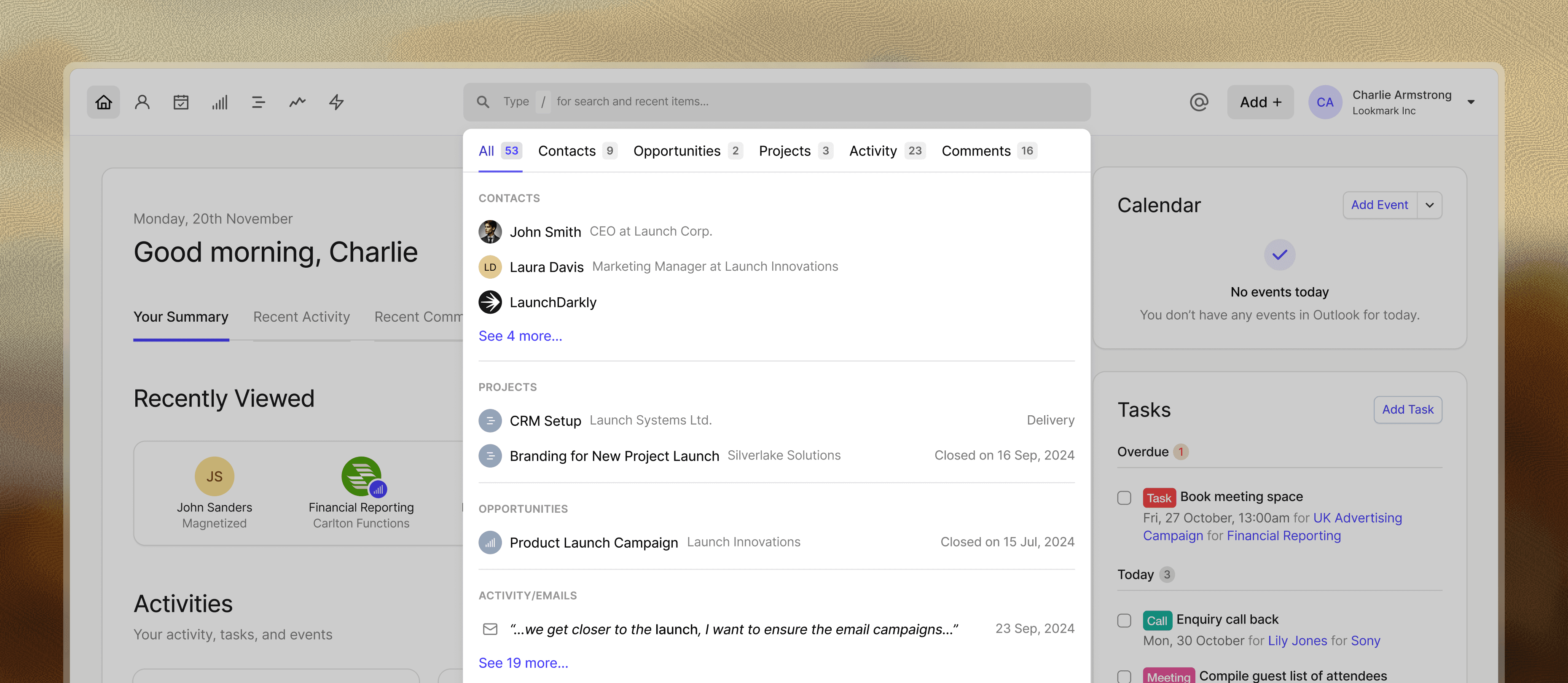 Screenshot of Capsule CRM contact management interface showing a contact detail page with activity timeline, custom fields, tags, notes, and collaboration features including comments and activity logging