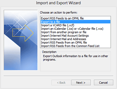El asistente de importación y exportación en Outlook con la opción “Exportar a un archivo” seleccionada