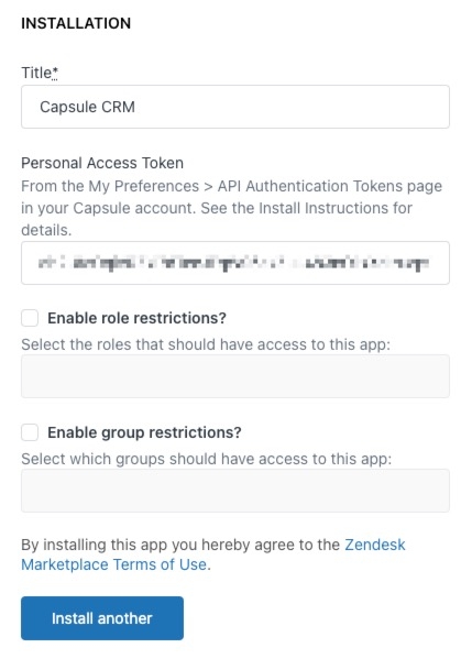 Installation form with text field to add the personal access token and an install button