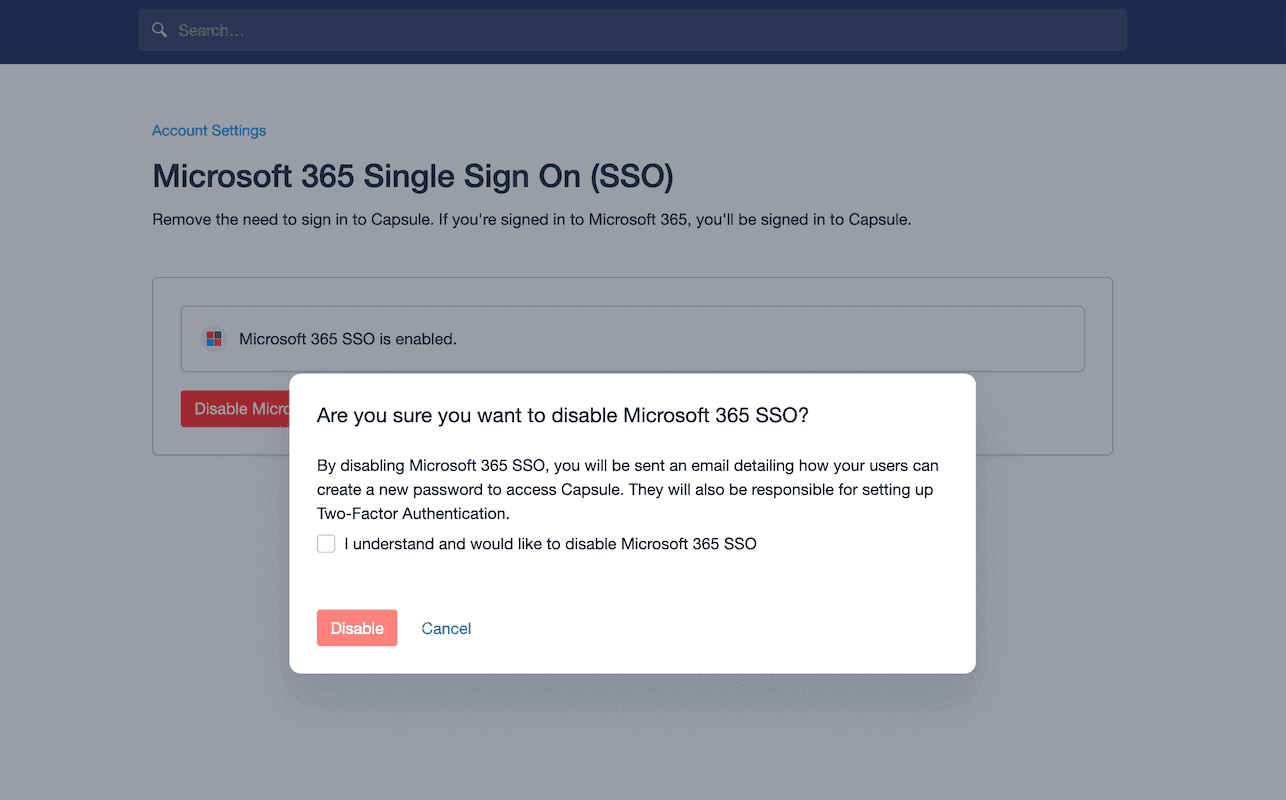 Modal with a check box to confirm that Microsoft Single Sign-On is disabled