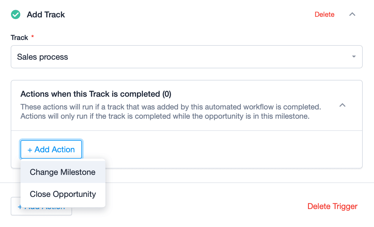 the actions that you can specifically add after a track is added to a workflow automation