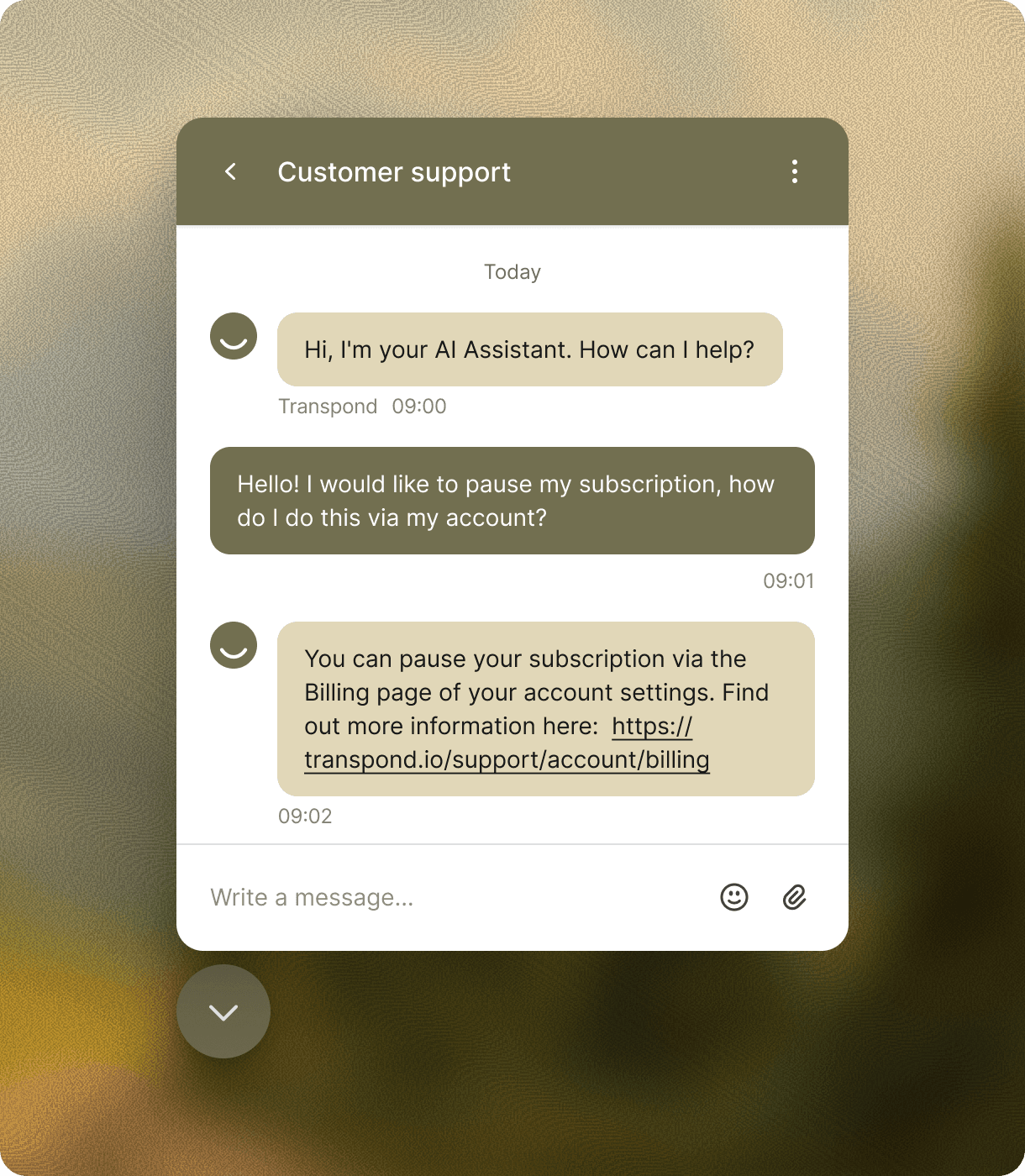 La función Conversaciones de Transpond muestra un chatbot de atención al cliente