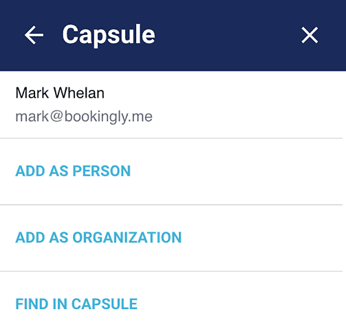 Options for adding this contact as a person or organization