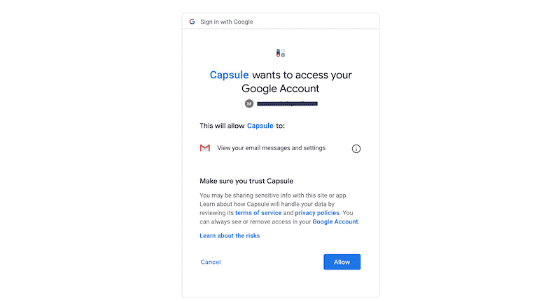 Gmail add-on authorizing Google to access your Capsule account