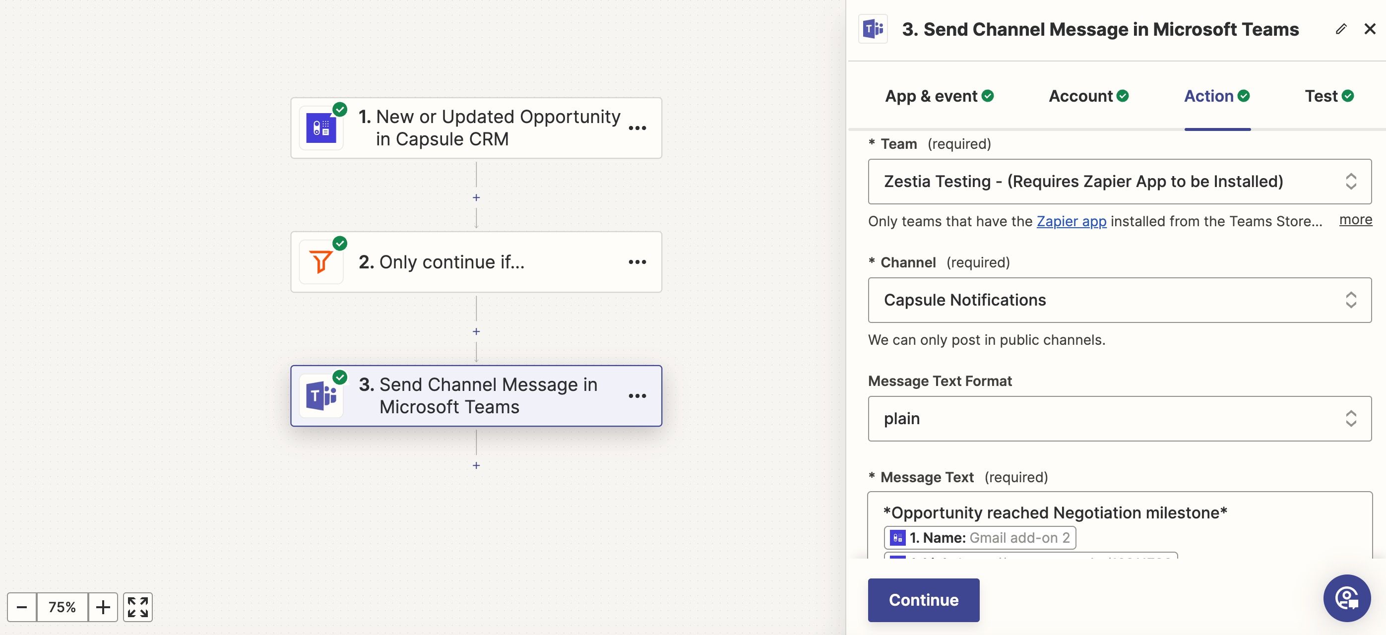 Screenshot showing the options when sending a message to Microsoft Teams