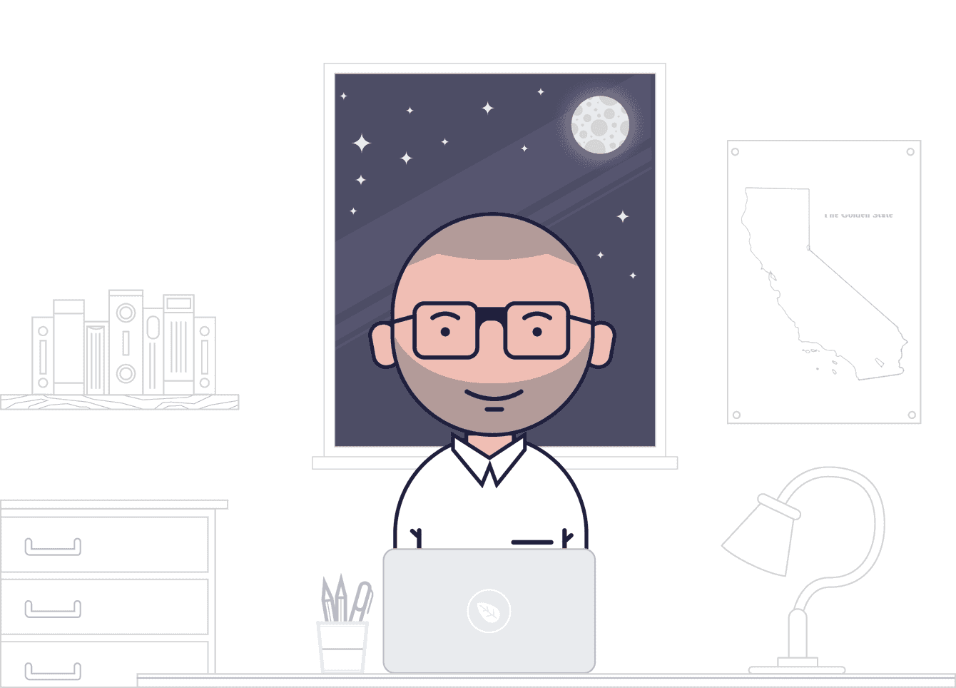Illustration of Joe working in the evening
