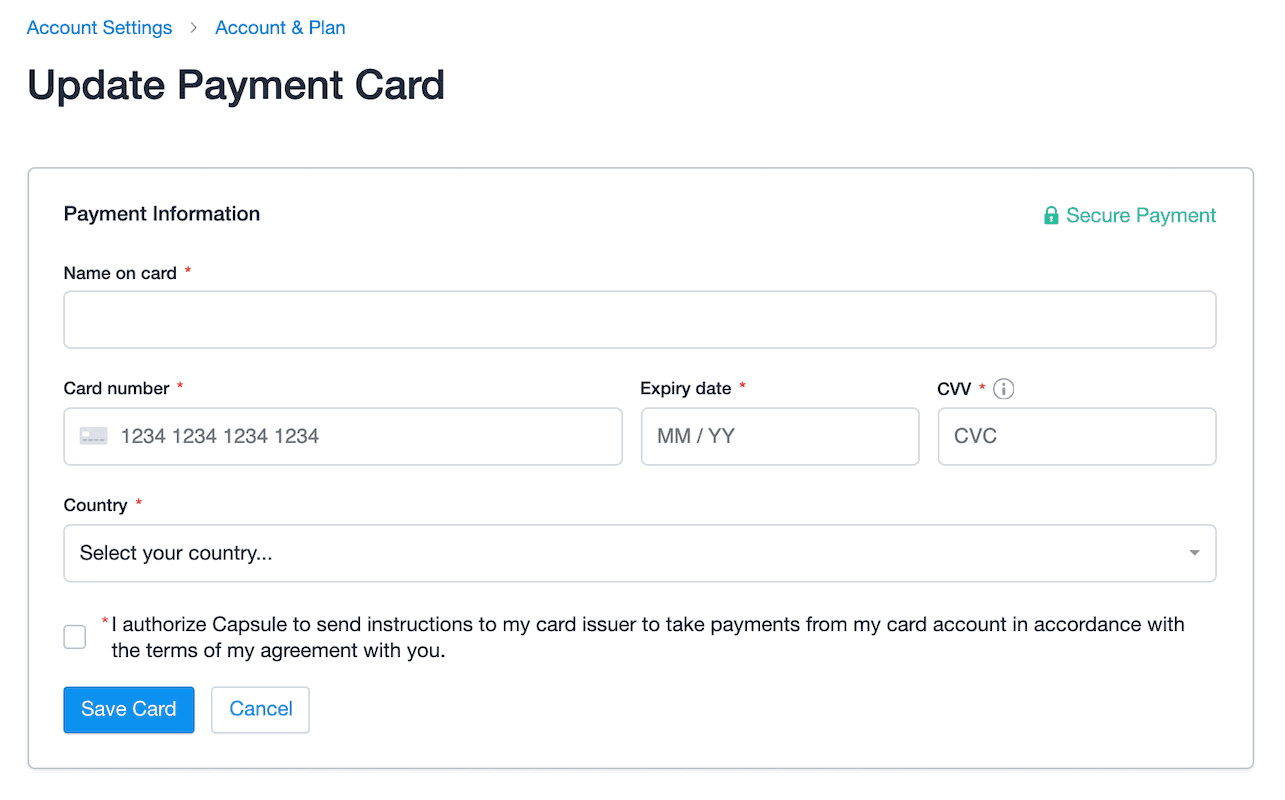 Ventana para introducir los datos de la nueva tarjeta, incluidos el número de tarjeta y el país de origen. Marca la casilla para confirmar la autorización del pago.