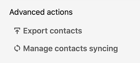 Advanced actions menu with 'Export Contacts' highlighted