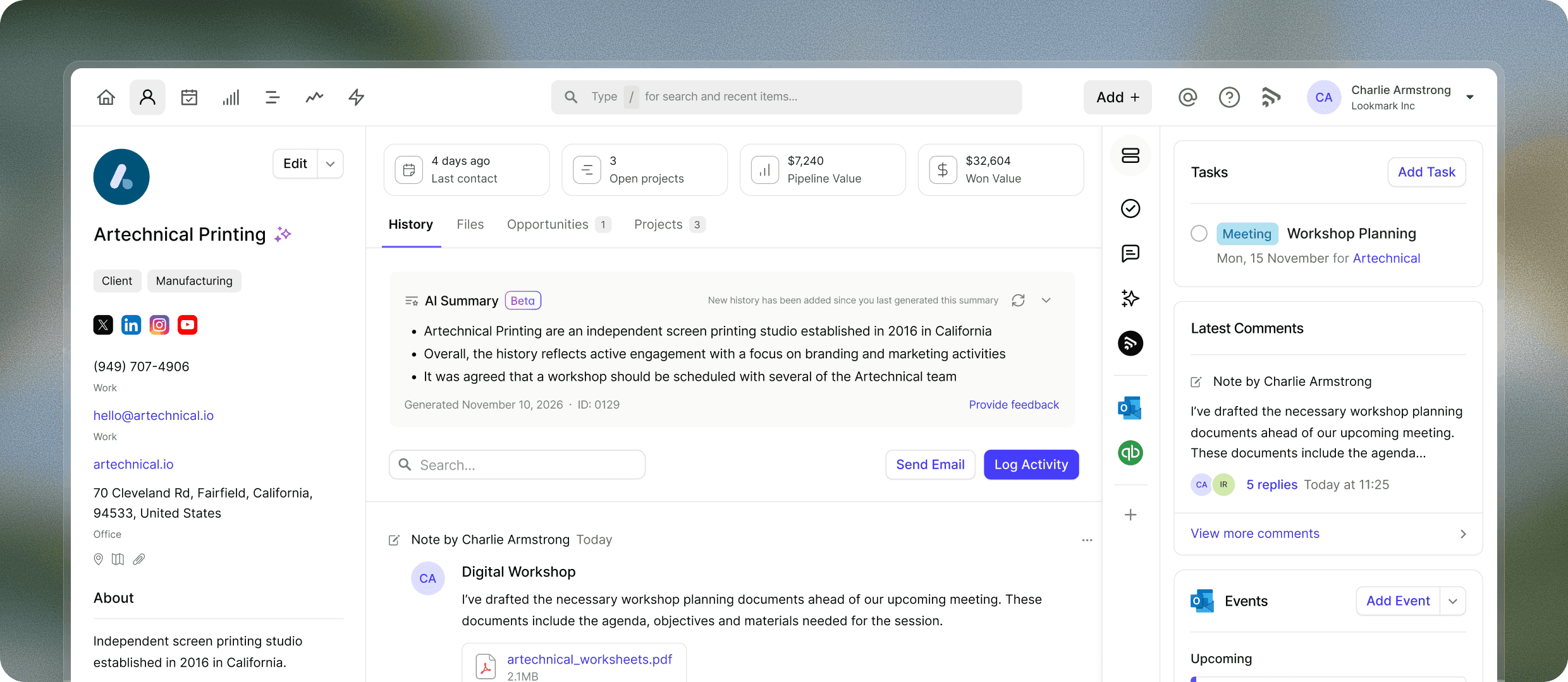 Capsule contacts page showing contact records, AI summary of contact history and recent activity.