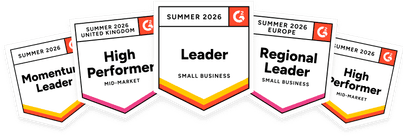 Premios G2 - Leader (Pequeña Empresa), primavera 2024. High Performer (Américas), primavera de 2024. Alto Rendimiento (Primavera), 2024. Pequeña empresa de alto rendimiento (Europa), primavera de 2024. Momentum Leader (primavera), 2024.