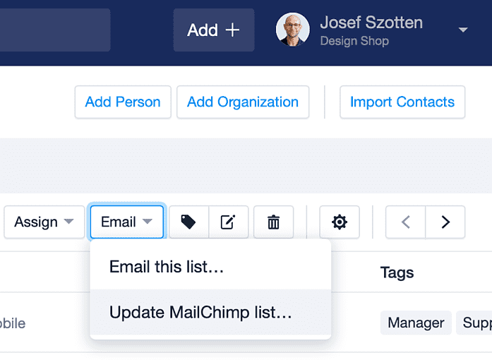 Dropdown to update Mailchimp list or email the list