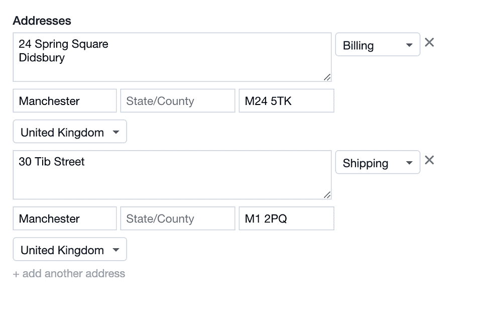 Addresses with billing and shipping labels added