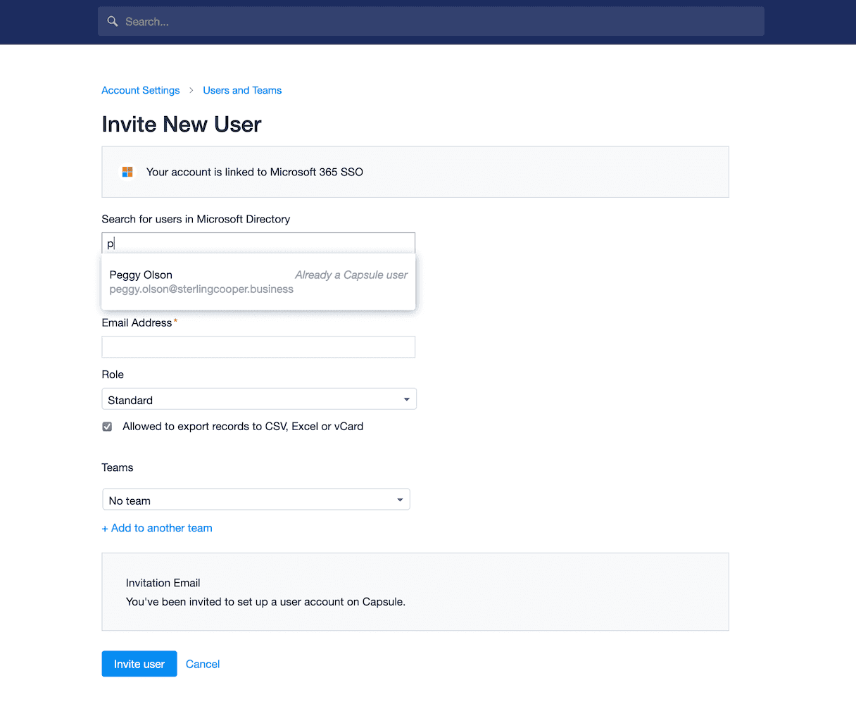 Add new user page with the search bar populated with the details of a user