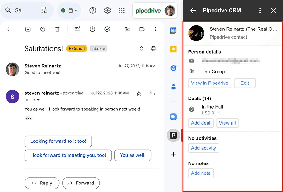 image of Pipedrive Gmail integration