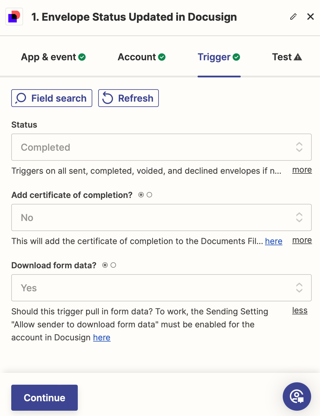 showing the trigger fields with status and download form data populated