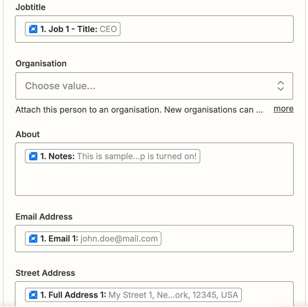 mostrar a criação da configuração do zap de contacto, especificamente o cargo, a empresa, o e-mail e o endereço postal