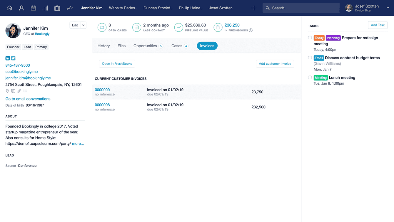 The Capsule FreshBooks integration showing a list of invoices