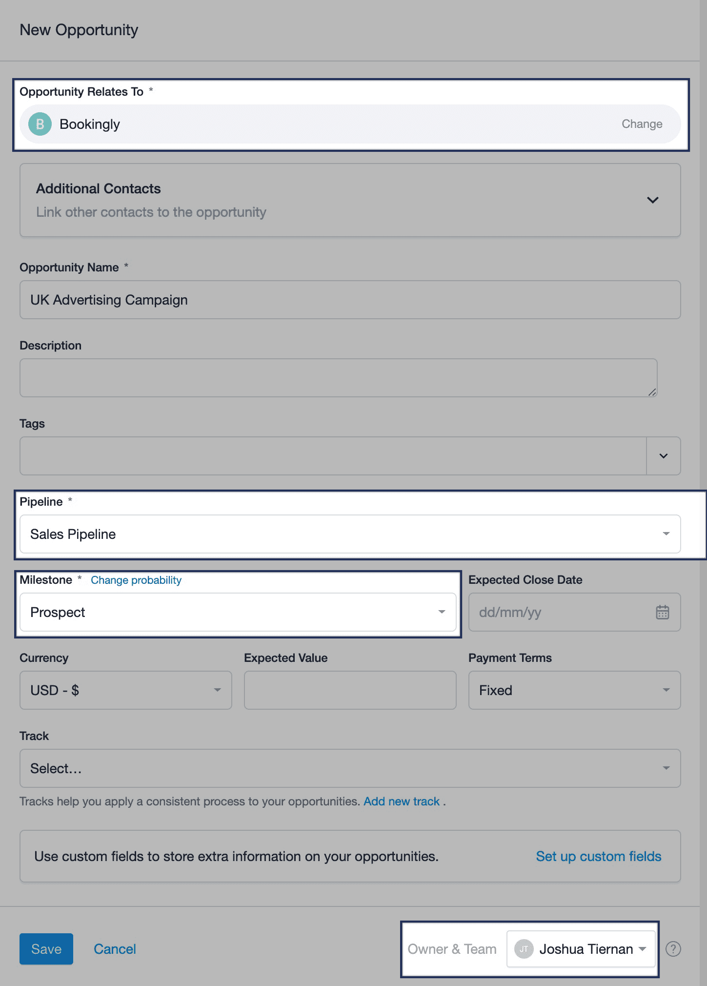 New opportunity form with default fields - pipeline and milestone with owner & team highlighted