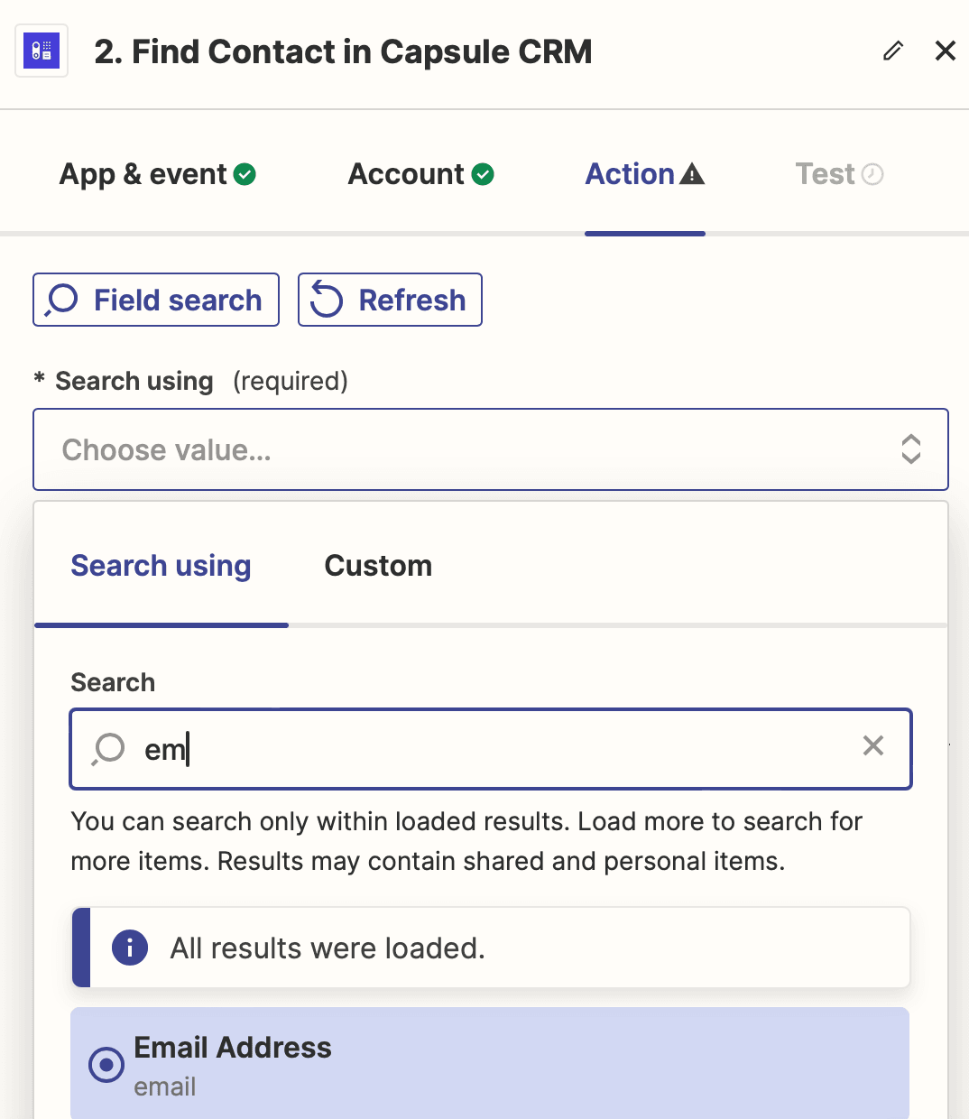 showing email address field search and select