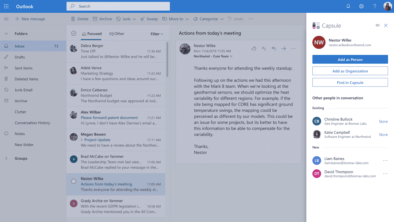 The Capsule Add-In for Outlook sidebar