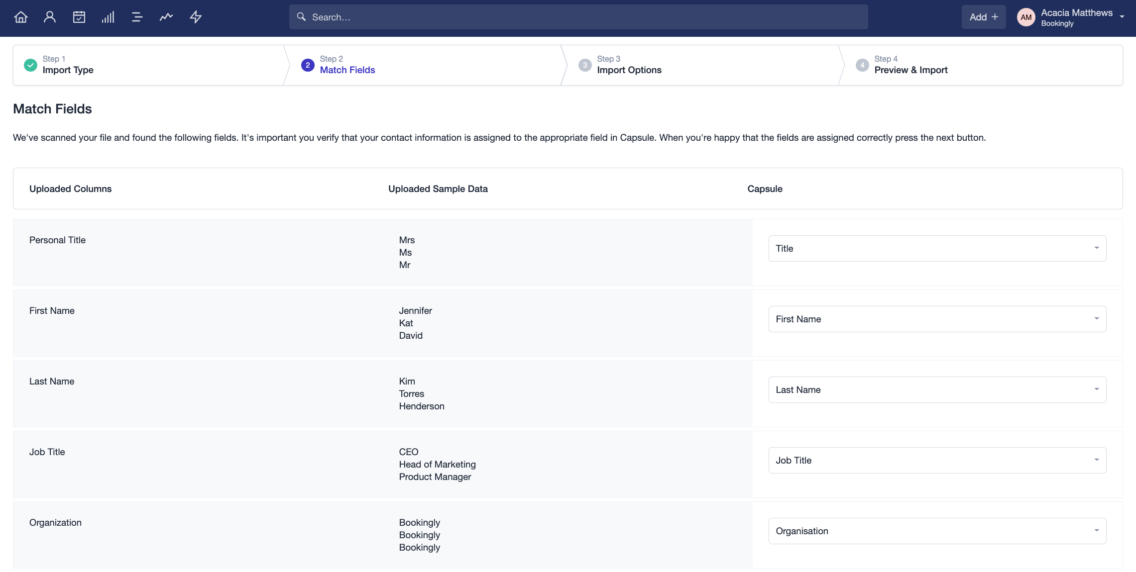 preview of mapped fields