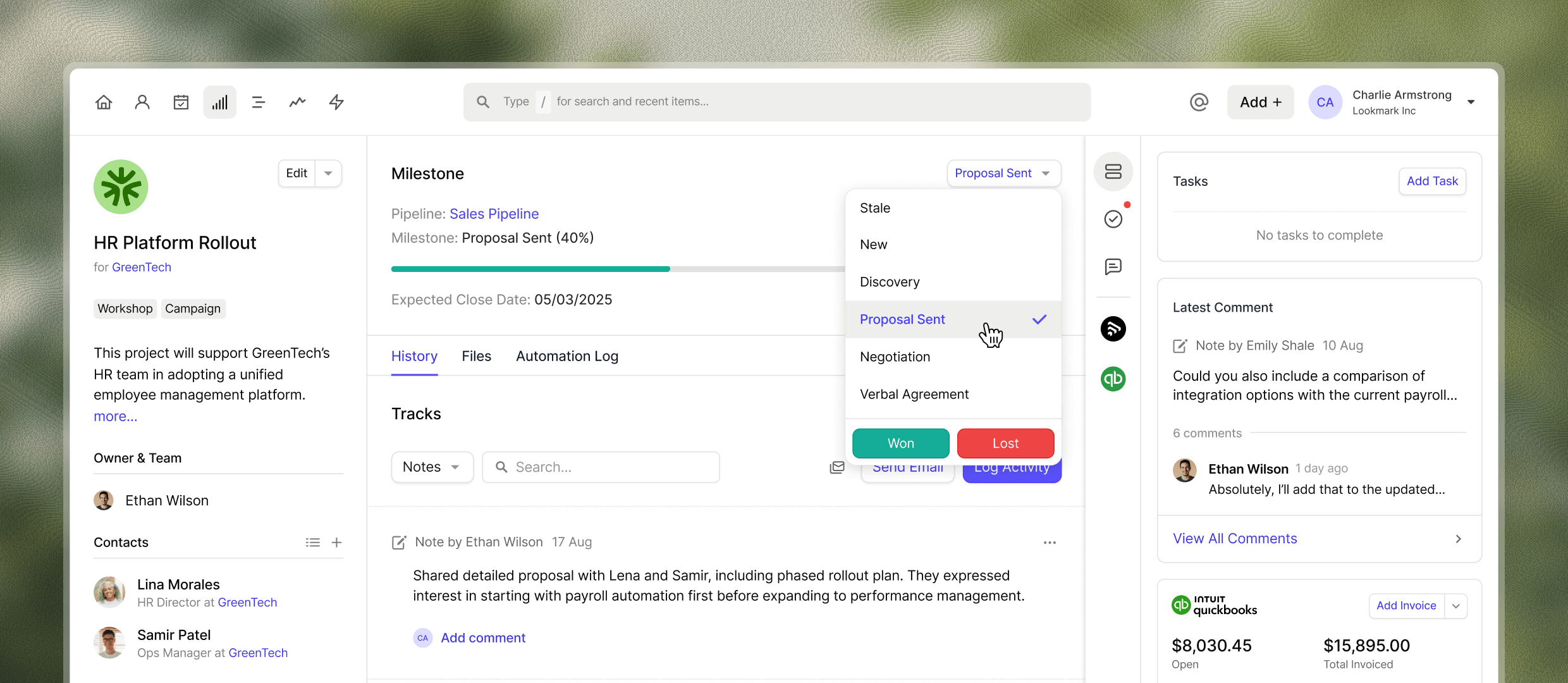 Screenshot of Capsule CRM sales pipeline demo showing kanban board view with deal cards that can be dragged between stages, list view with opportunity details, and dashboard view with sales metrics and goal tracking