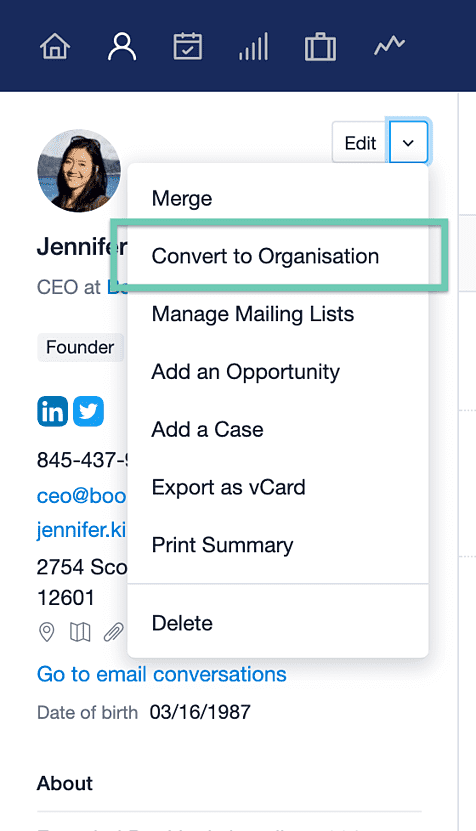 Edit dropdown on a Person contact with 'convert to Organization' option