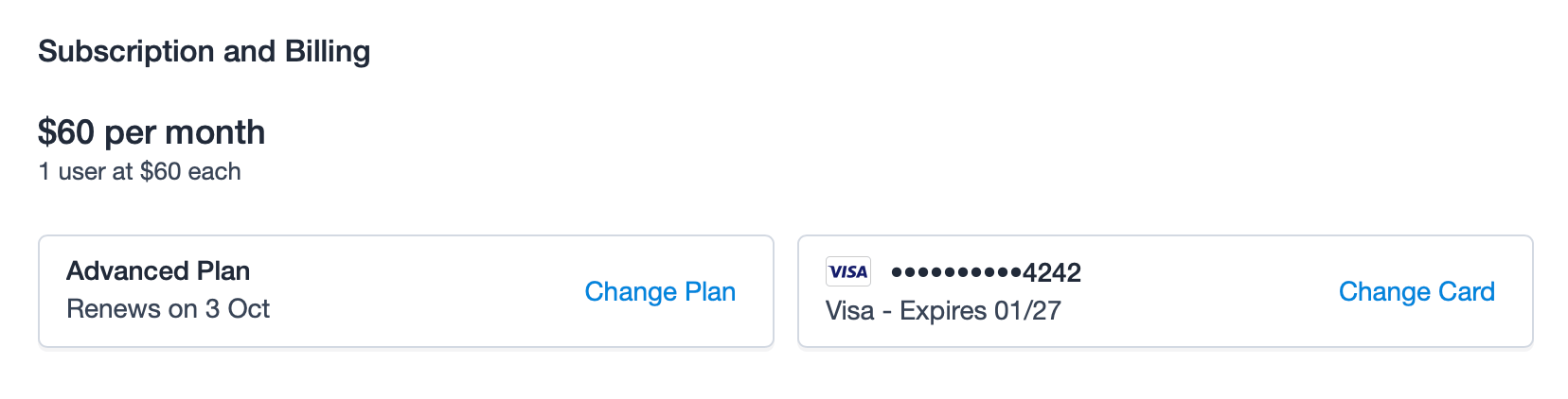 Billing and payment section on the Account and Plan page displaying the current billing information and monthly subscription details with a link to change card