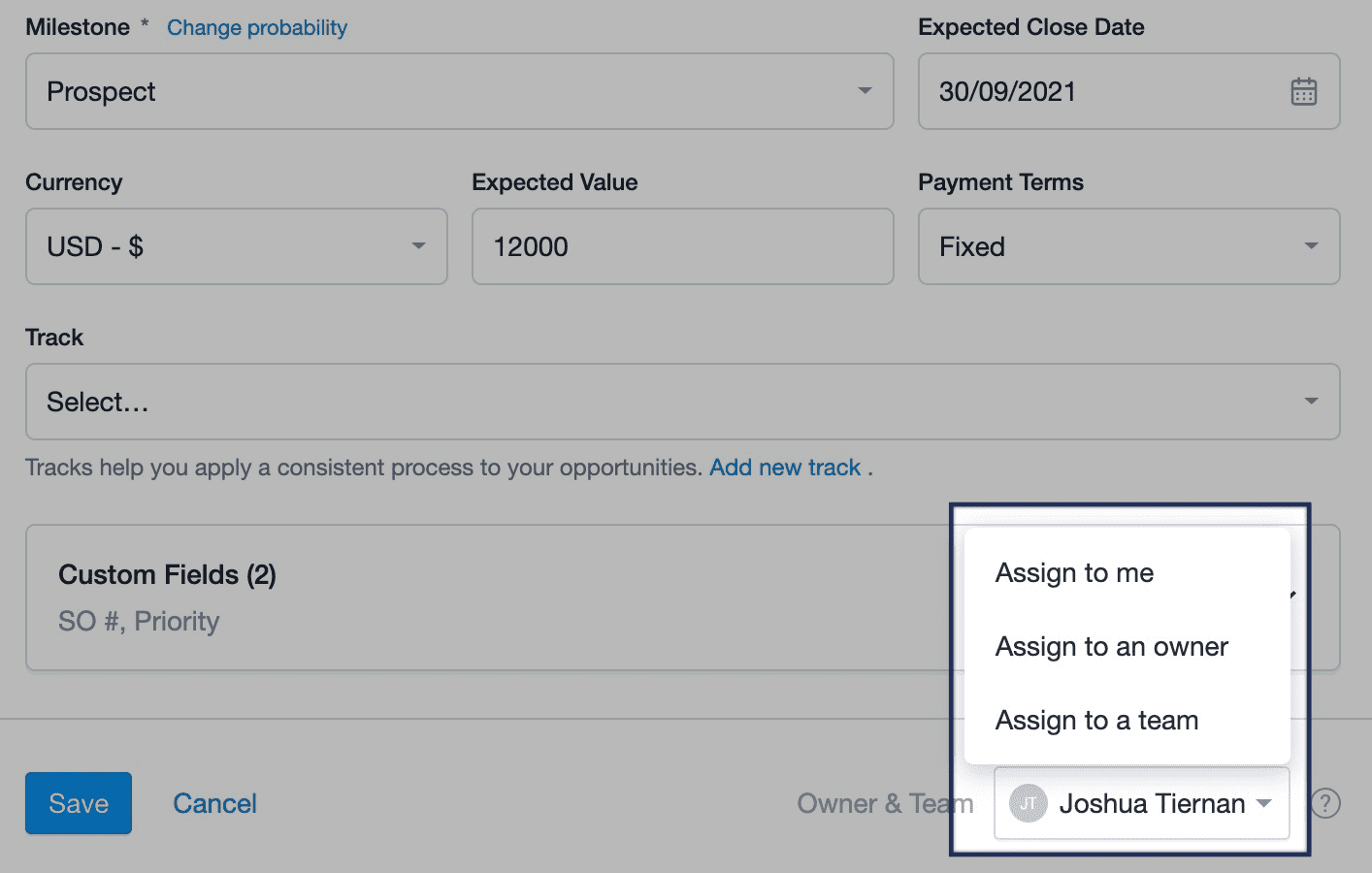 Opção para selecionar "eu" ou atribuir a um responsável ou equipe