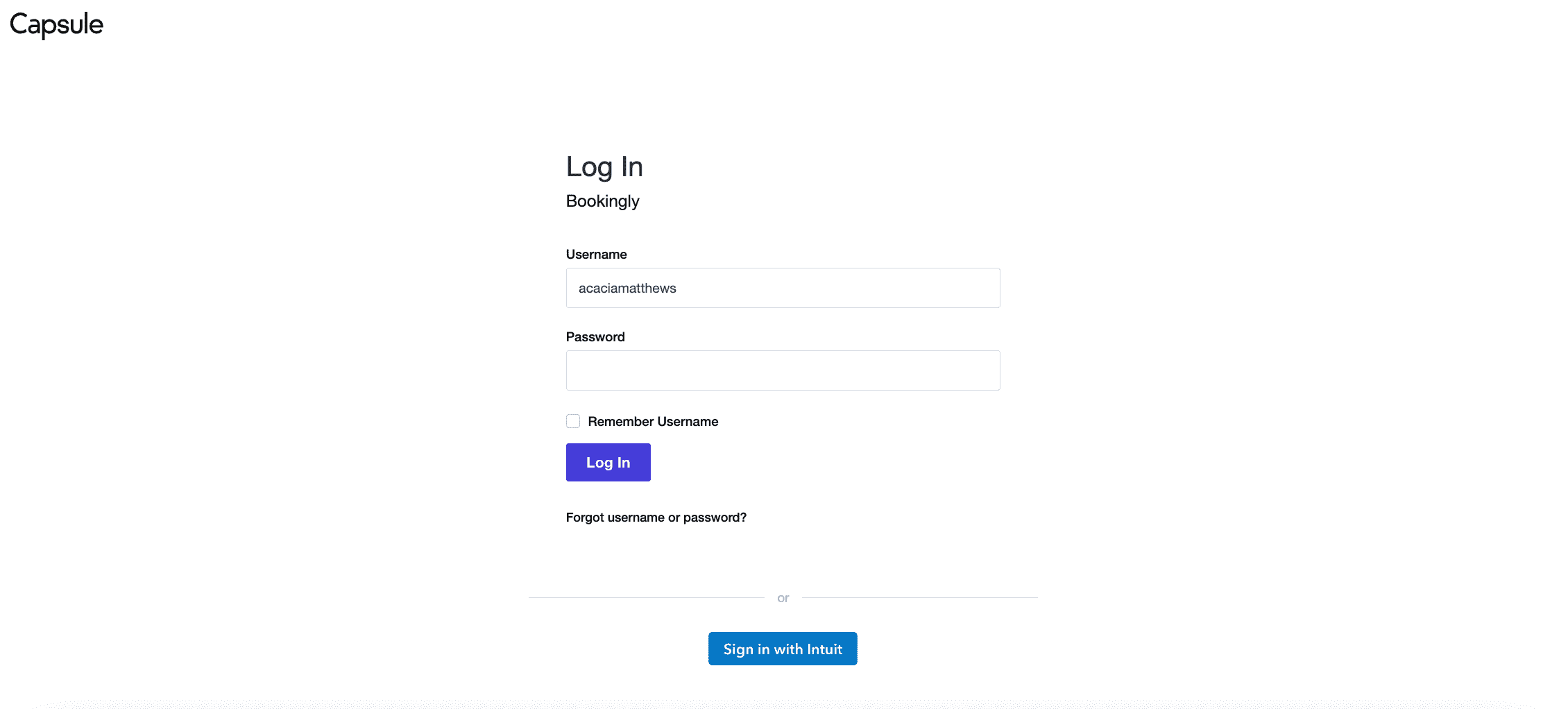 Capsule login page showing the option to login with Intuit/QB sso