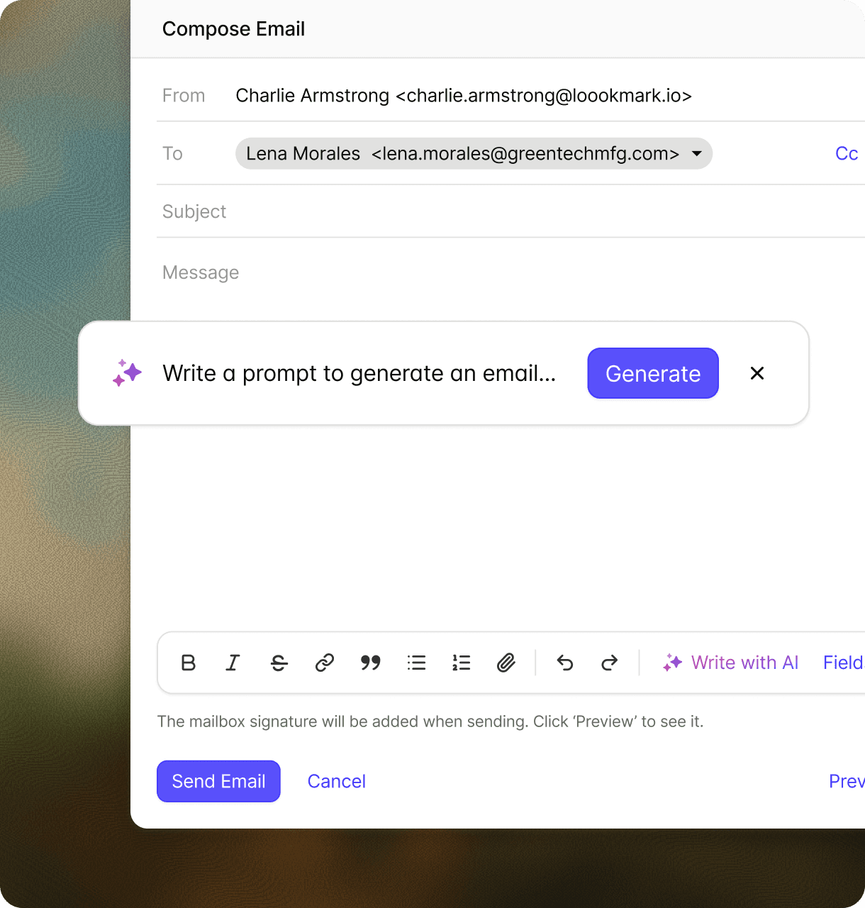Capsule CRM compose email con AI Email Assist: campo de aviso para generar un email para seguimientos rápidos.