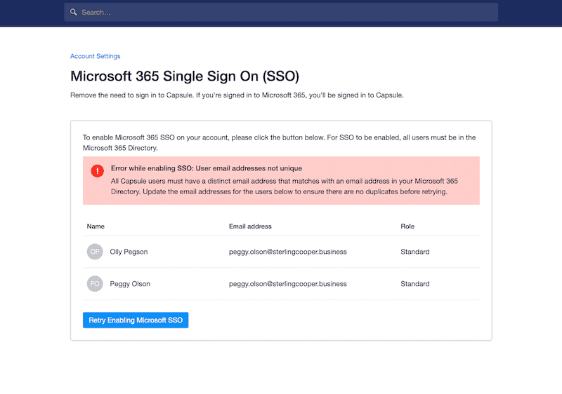 Error message table displaying two Microsoft 365 users with the same email address