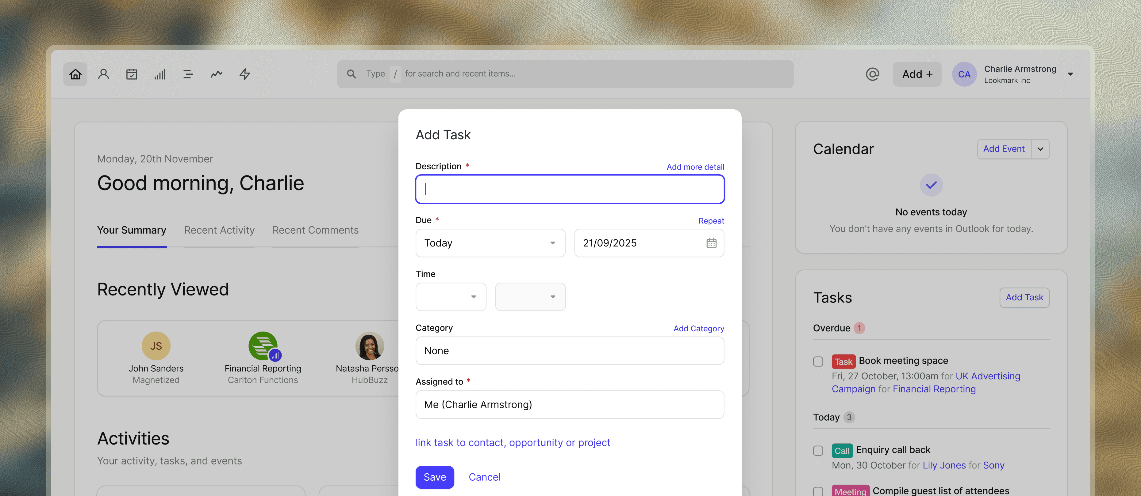 Screenshot of Capsule CRM tasks and calendar interface showing a calendar view with scheduled tasks, task list view with filtering options, and task details including due dates, assigned teammates, tags, and links to related contacts, opportunities, or projects