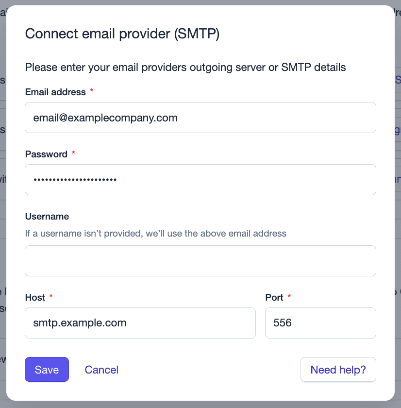 Settings options when connecting a mailbox via SMTP