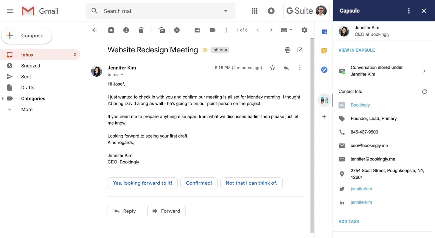 addon sidebar with Capsule Contacts in Gmail