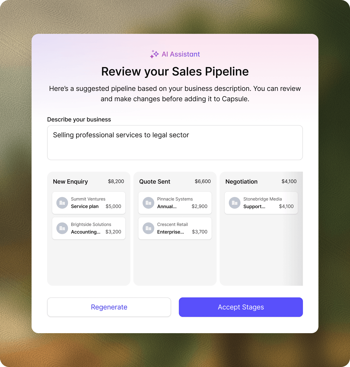 Capsule CRM AI Pipeline Generator: modal showing a suggested sales pipeline with stages like New Enquiry, Quote Sent and Negotiation, example deals and Regenerate and Accept Stages buttons.