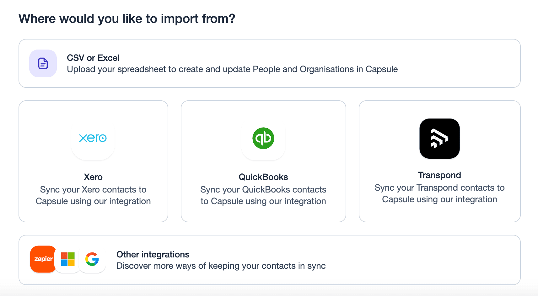 showing the main import hub and the different options to add contacts