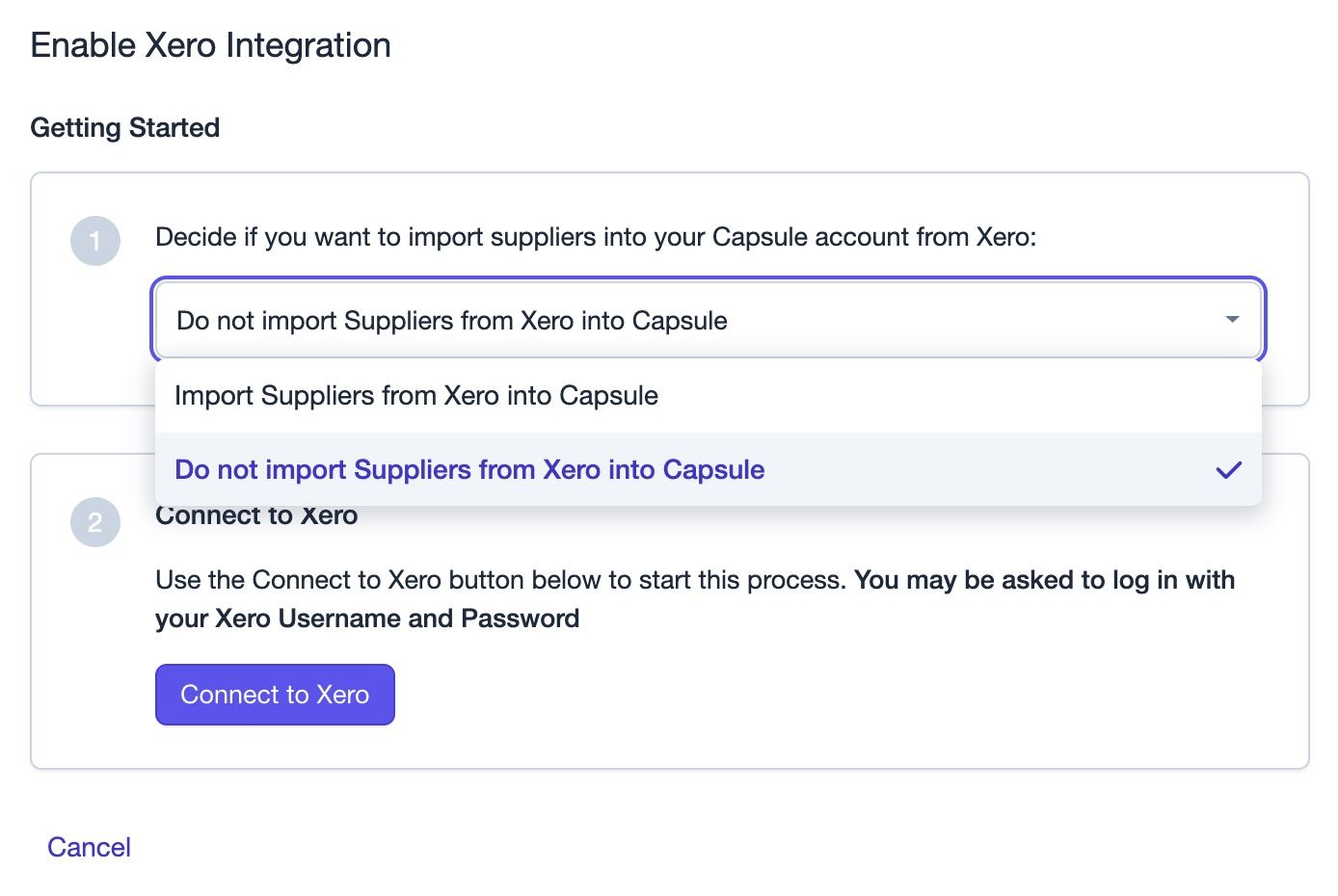 Xero set up with option to not import vendors checked