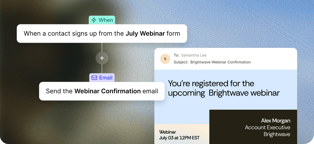 Workflow automation builder with trigger and action steps.