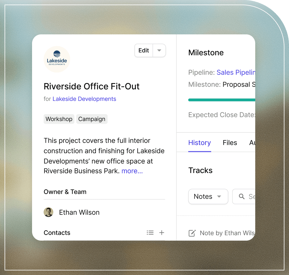 Snapshot of a construction project in Capsule CRM showing clear summary information about the project.