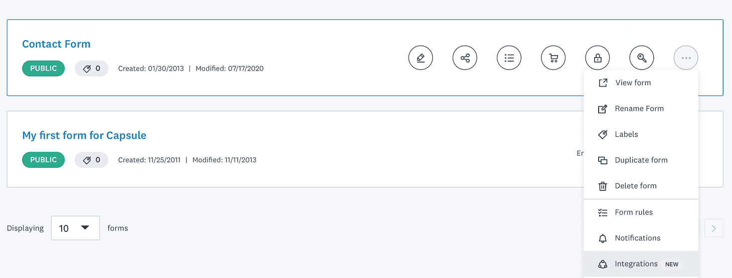 Drop down menu with 'integrations' highlighted