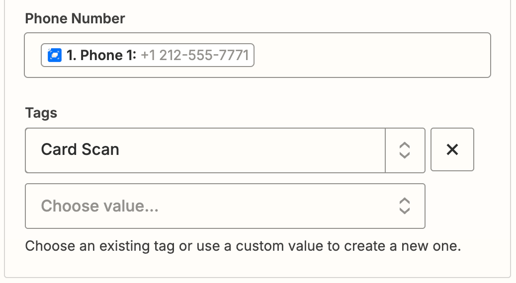 showing create contact zap setup, specifically phone number and tag