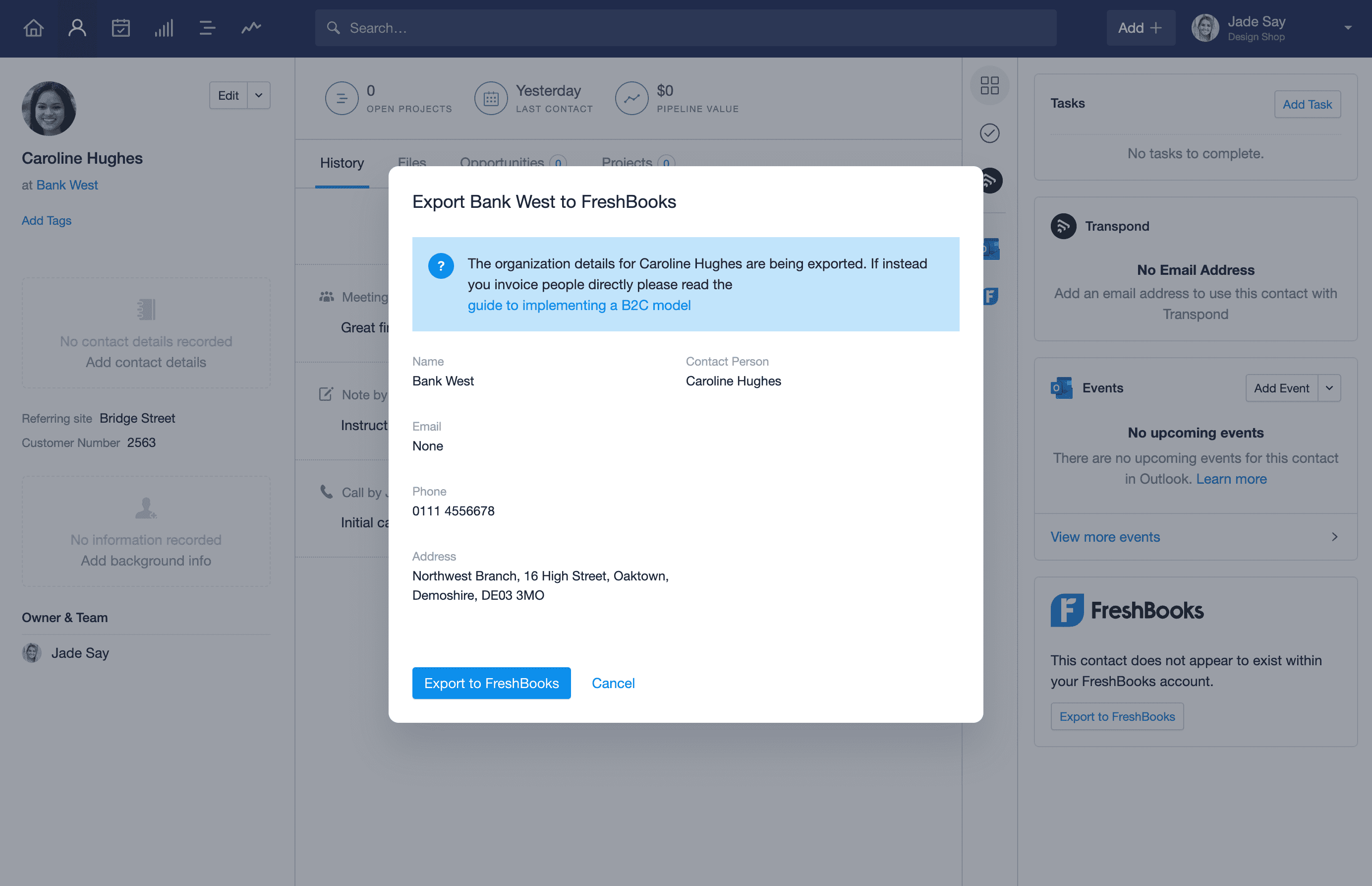 modal with company details and button to export them to FreshBooks
