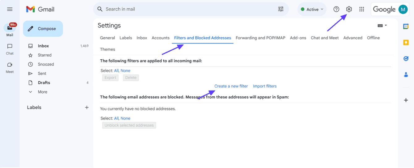 Filters and blocked addresses setting in Gmail