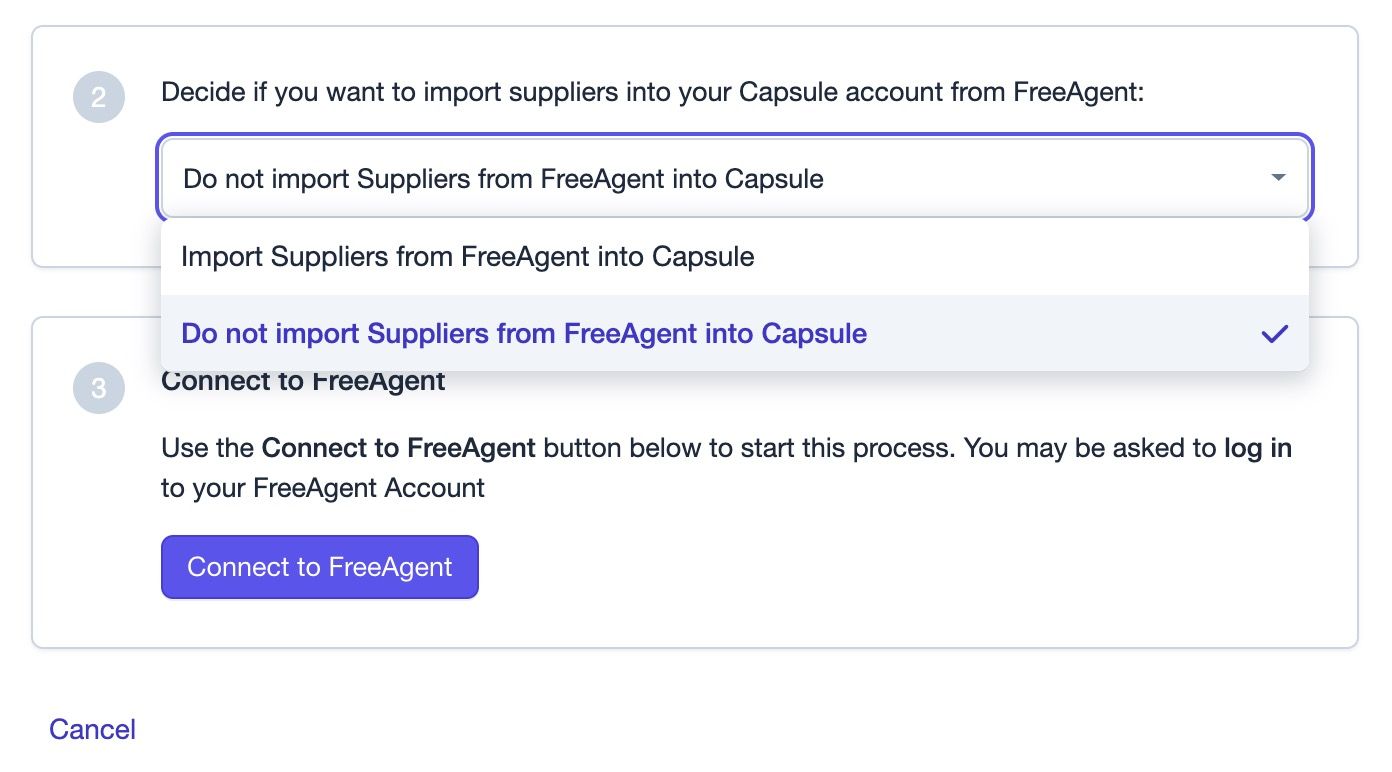 FreeAgent configurado com a opção de não importar fornecedores selecionada