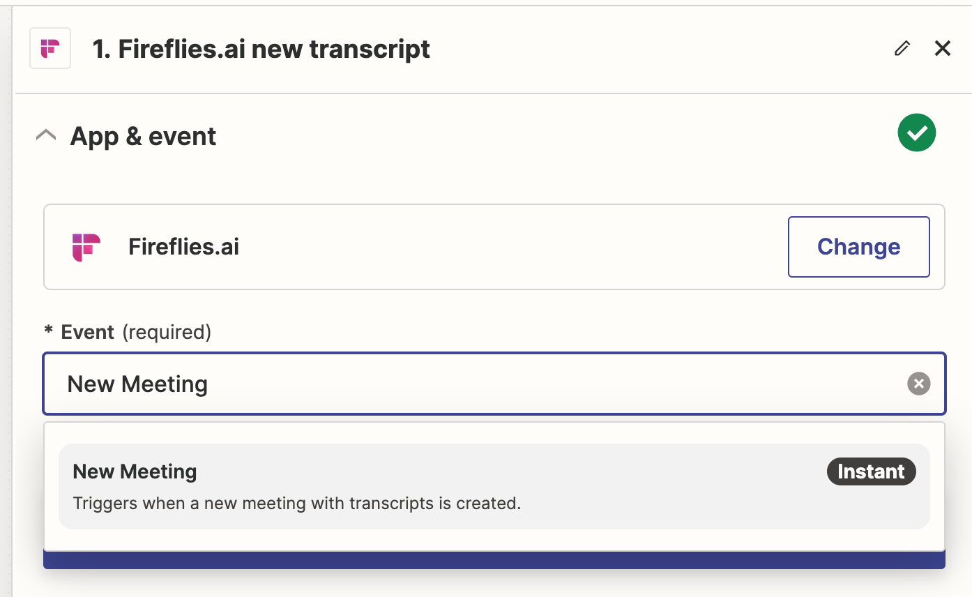 Screenshot showing the Fireflies.ai new meeting trigger selected