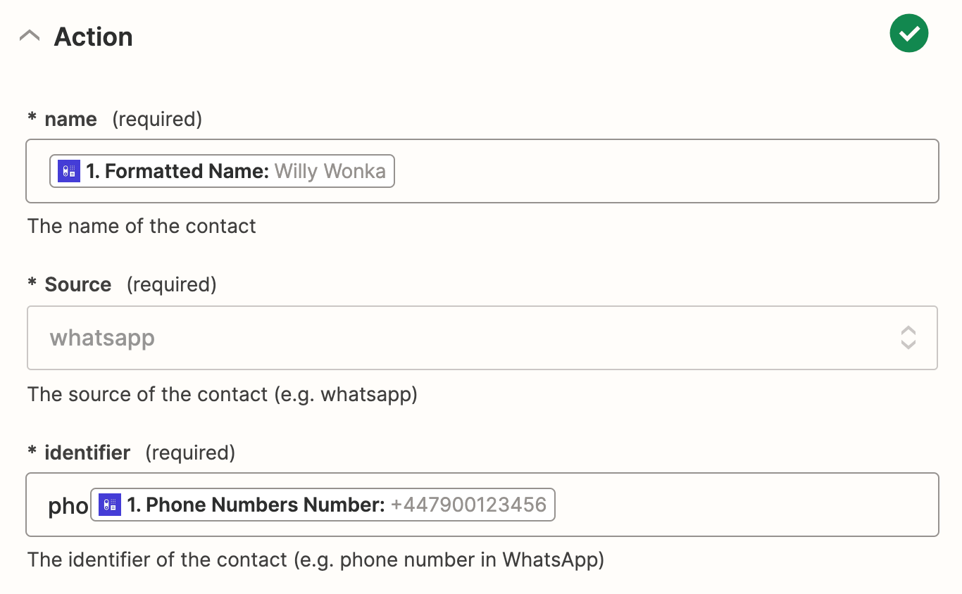 Screenshot showing the fields you needs to map for the New Contact in Callbell action, with suggested options from the Capsule trigger