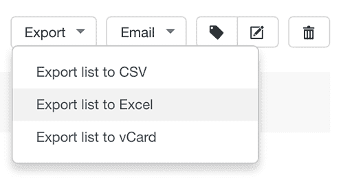 Export drop down with 'export list to excel' highlighted