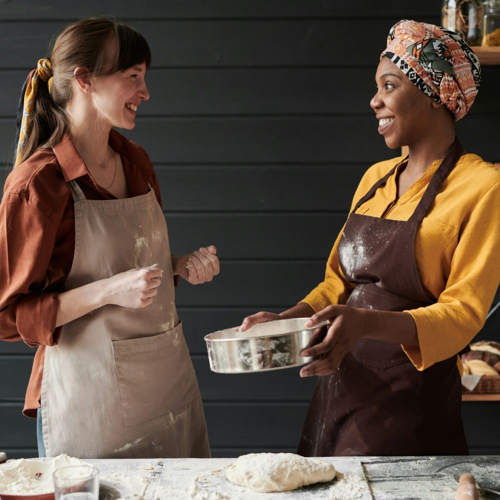 Two people baking in a kitchen