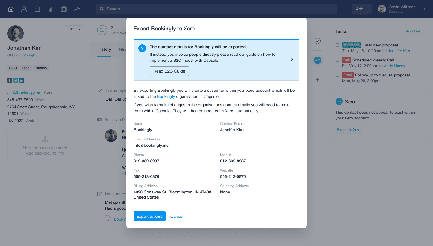 a modal with company details and button to export them to Xero